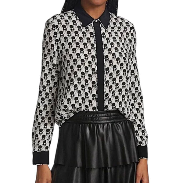 *Alice + Olivia Willa Stace Face Silk Long Sleeve Button-Up Shirt Top, Size M