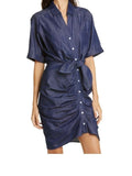 *Veronica Beard Hensley Cotton Denim Short Sleeve Collared Ruched Tie Waist Mini Dress, Size 6