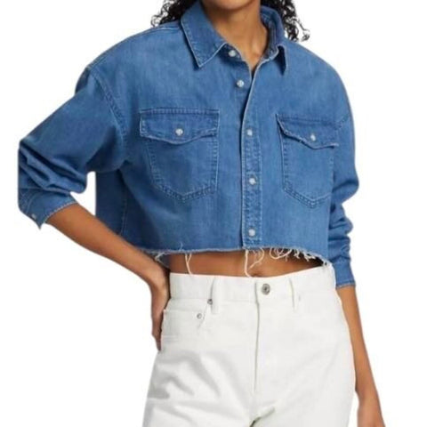 *Moussy Nashboro Long Sleeve Collared Raw Hem Crop Top, Size M