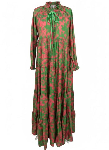 *Eywasouls Cora Cotton Tropical Long Sleeve High Ruffle Drawcord Split Neck Maxi Tent Dress, Size XS/S