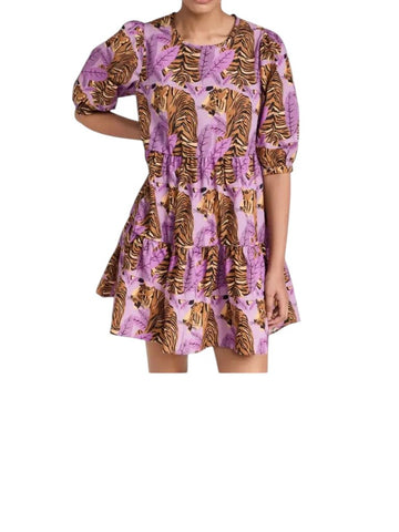 *Farm Rio Tiger Leaves Cotton Poplin Elbow Puff Sleeve Round Neck Tiered Mini Dress, Size M
