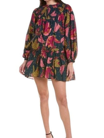 *Farm Rio Patchwork Bananas Cotton Balloon Sleeve Ruffle Yoke Mini Trapeze Dress, Size S