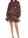 *Farm Rio Patchwork Bananas Cotton Balloon Sleeve Ruffle Yoke Mini Trapeze Dress, Size S