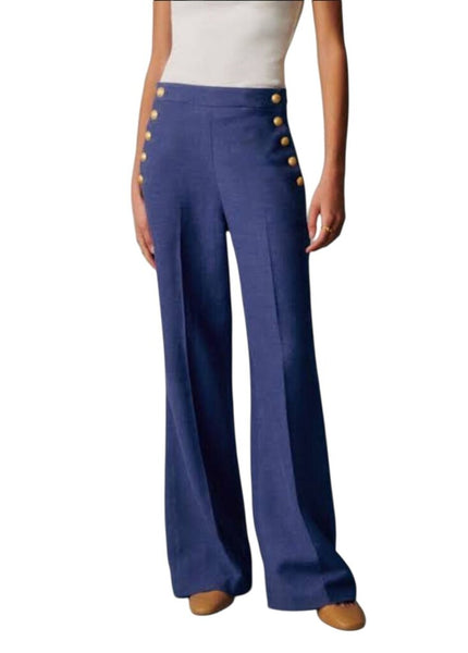 *Sezane Marino Wool Blend Twill High Rise Wide Leg Crested Button Sailor Pants, Size FR38=6