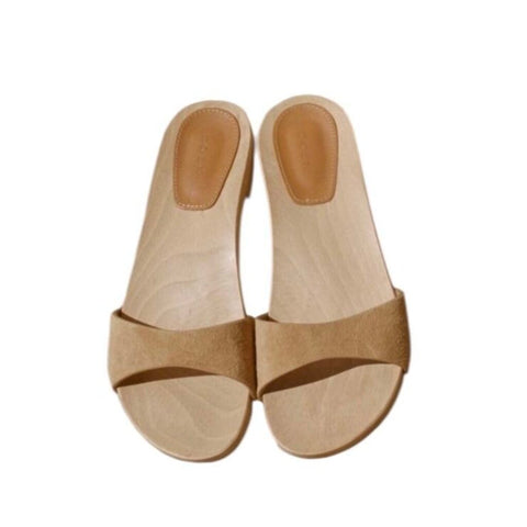 ^Doen Alix Wood & Suede Brass Nail Trim Slide Sandal, Size 37