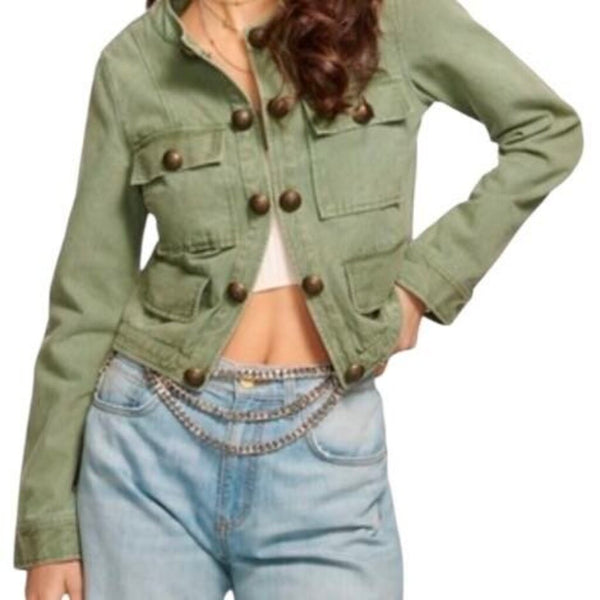 *Ramy Brook Metal Button Embellished Hook & Eye Closure Banded Collar Short Jacket, Size S