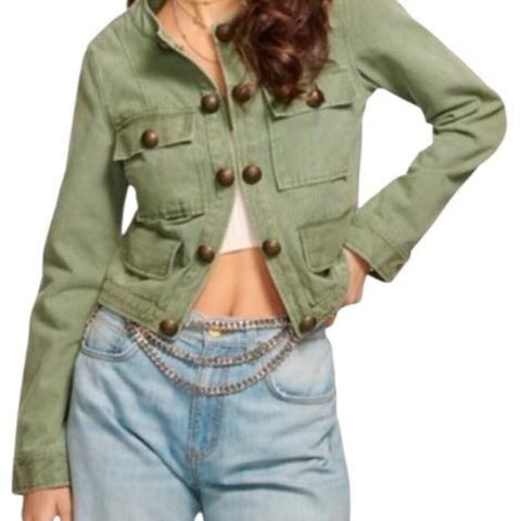 *Ramy Brook Metal Button Embellished Hook & Eye Closure Banded Collar Short Jacket, Size S
