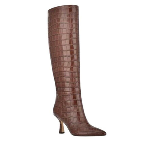 *Marc Fisher Hallie 2 Croc Embossed Leather Pointed Toe Tall Knee High 3" Heel Boots, Size 10
