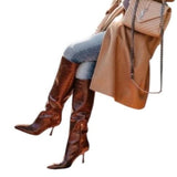 *Marc Fisher Hallie 2 Croc Embossed Leather Pointed Toe Tall Knee High 3" Heel Boots, Size 10