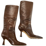 *Marc Fisher Hallie 2 Croc Embossed Leather Pointed Toe Tall Knee High 3" Heel Boots, Size 10