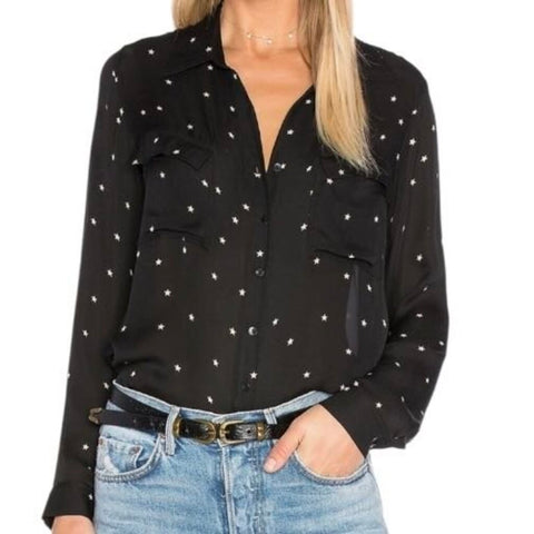 *L'Agence Margaret Sheer Silk Long Sleeve Chest Pocket Button-Up Shirt Top, Size S
