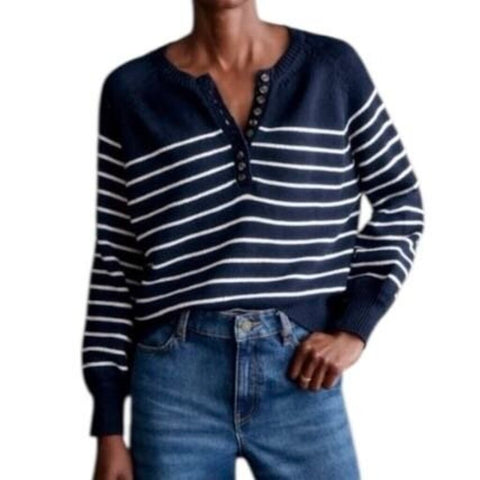 ^Sezane Leontine Cotton Stripe Crew Neck Button Henley Pullover Sweater, Size S
