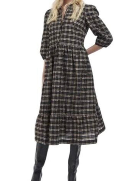 ^Barbour Lorelei Cotton Blend Plaid Check 34 Sleeve Split Neck Midi Dress, Size UK 14=US 10
