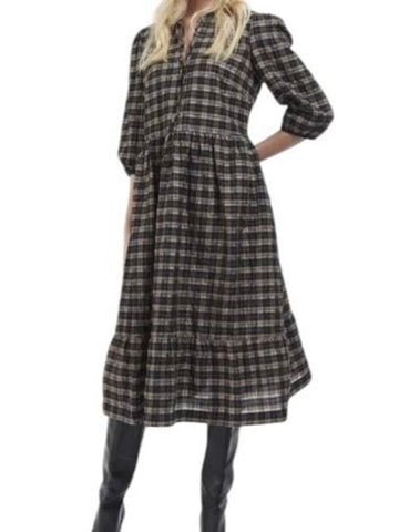 ^Barbour Lorelei Cotton Blend Plaid Check 34 Sleeve Split Neck Midi Dress, Size UK 14=US 10