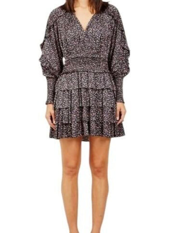 ^Ulla Johnson Soraya Noir Floral Long Blouson Sleeve Tie Neck Ruffle Trim Smocked Mini Dress, Size 6