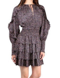 *Ulla Johnson Soraya Noir Floral Long Blouson Sleeve Tie Neck Ruffle Trim Smocked Mini Dress, Size 6