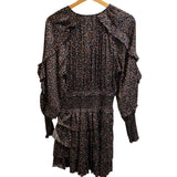 *Ulla Johnson Soraya Noir Floral Long Blouson Sleeve Tie Neck Ruffle Trim Smocked Mini Dress, Size 6