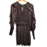*Ulla Johnson Soraya Noir Floral Long Blouson Sleeve Tie Neck Ruffle Trim Smocked Mini Dress, Size 6