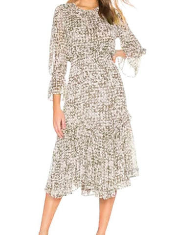 *Misa LA Laia Chiffon Floral Long Sleeve Round Neck Smocked Waist Flounce Hem Midi Dress, Size M