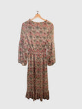*MISA Amata Chiffon Floral 3/4 Blouson Sleeve Tie Split Neck Ruffle Trim Maxi Dress, Size M