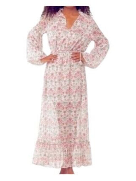 *MISA Amata Chiffon Floral 3/4 Blouson Sleeve Tie Split Neck Ruffle Trim Maxi Dress, Size M