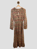 *MISA Amata Chiffon Floral 3/4 Blouson Sleeve Tie Split Neck Ruffle Trim Maxi Dress, Size M