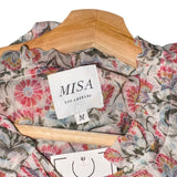 *MISA Amata Chiffon Floral 3/4 Blouson Sleeve Tie Split Neck Ruffle Trim Maxi Dress, Size M