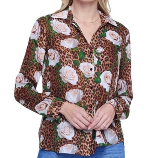*L'Agence Nina Silk Leopard Rose Long Sleeve Collared Button-Up Shirt Top, Size L