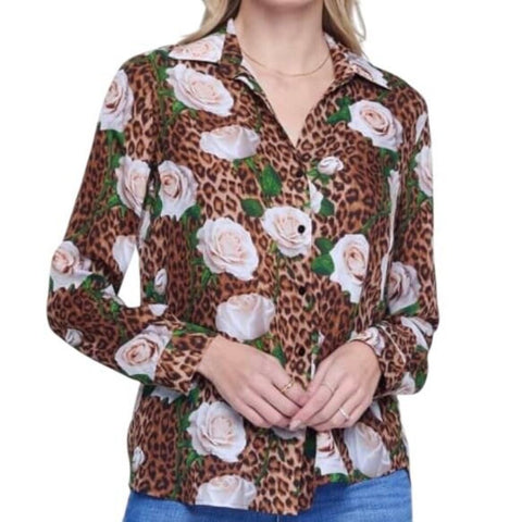 *L'Agence Nina Silk Leopard Rose Long Sleeve Collared Button-Up Shirt Top, Size L