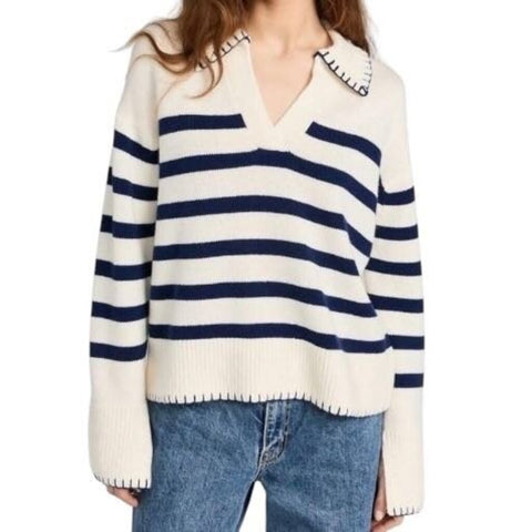 *Rails Athena Wool & Cashmere Stripe Whipstitch V-Neck Collared Pullover Sweater, Size XS