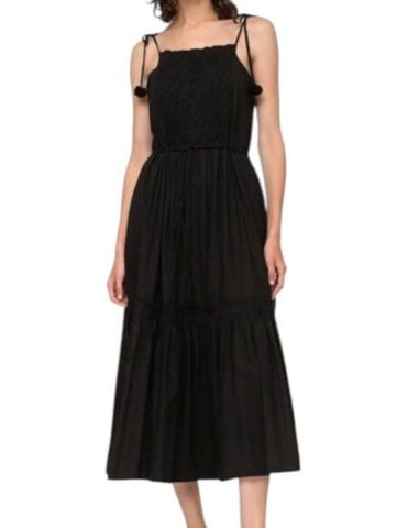 *Sea NY Willa Cotton Pom Pom Tie Shoulder Cami Square Neck Smocked Tiered Midi Dress, Size XXS