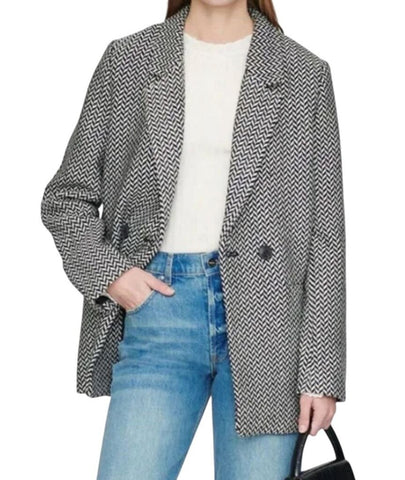 *Anine Bing Fishbone Wool Blend Herringbone Double Breasted Notch Collar Blazer, Size XXS