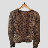 *FRAME Silk Leopard Shirred Long Puff Sleeve V-Neck Button-Up Peplum Blouse Top, Size XS