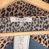 *FRAME Silk Leopard Shirred Long Puff Sleeve V-Neck Button-Up Peplum Blouse Top, Size XS