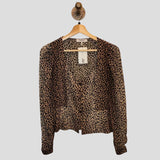 *FRAME Silk Leopard Shirred Long Puff Sleeve V-Neck Button-Up Peplum Blouse Top, Size XS