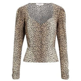 *FRAME Silk Leopard Shirred Long Puff Sleeve V-Neck Button-Up Peplum Blouse Top, Size XS