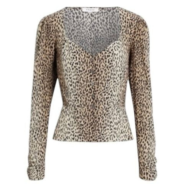 *FRAME Silk Leopard Shirred Long Puff Sleeve V-Neck Button-Up Peplum Blouse Top, Size XS
