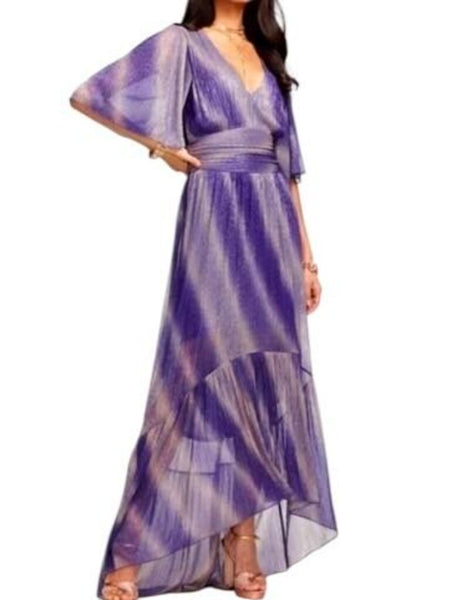 *Ramy Brook Alex Ombre Shimmer Short Sleeve Double V-Neck Maxi Dress, Size XS