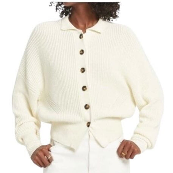 *FRAME Moving Cotton Cashmere Rib Knit Button Front Mock Neck Cardigan Sweater, Size S