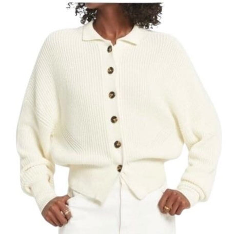*FRAME Moving Cotton Cashmere Rib Knit Button Front Mock Neck Cardigan Sweater, Size S