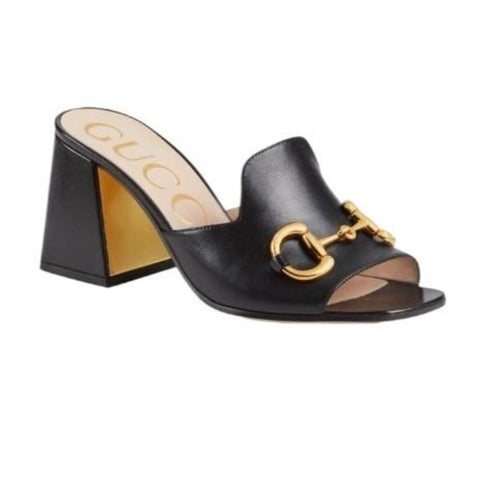 *Gucci Baby Horsebit Leather Extended Vamp Block Heel Slide Sandals, Size 40