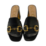 *Gucci Baby Horsebit Leather Extended Vamp Block Heel Slide Sandals, Size 40