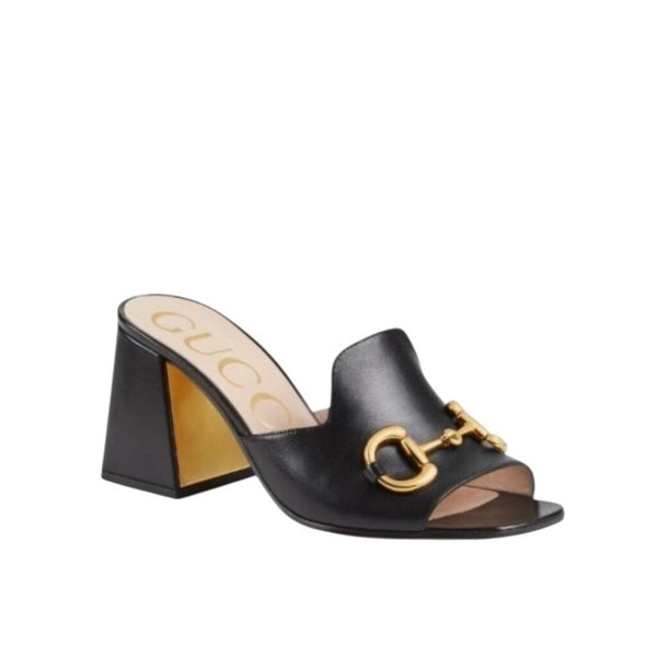 *Gucci Baby Horsebit Leather Extended Vamp Block Heel Slide Sandals, Size 40