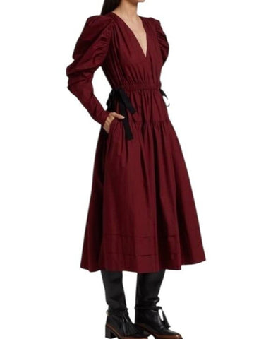 *Ulla Johnson Althea Cotton Poplin Long Puff Sleeve V-Neck Side Ties Midi Dress, Size 4