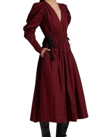*Ulla Johnson Althea Cotton Poplin Long Puff Sleeve V-Neck Side Ties Midi Dress, Size 4