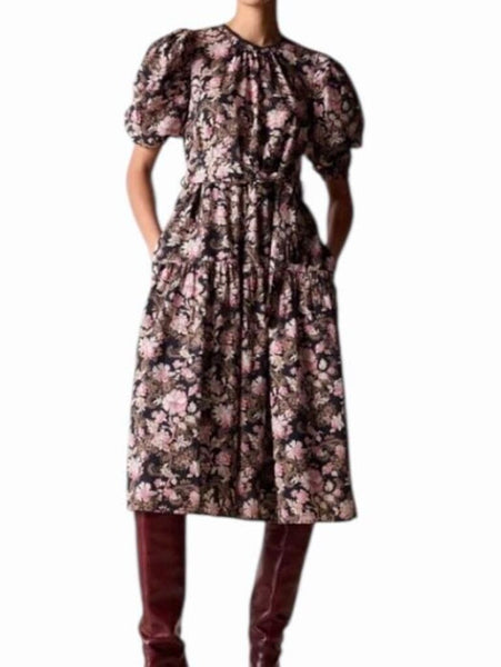 *St. Roche Ciel Cotton Belladonna Floral Short Puff Sleeve Round Neck Tie-Waist Midi Dres, Size XS