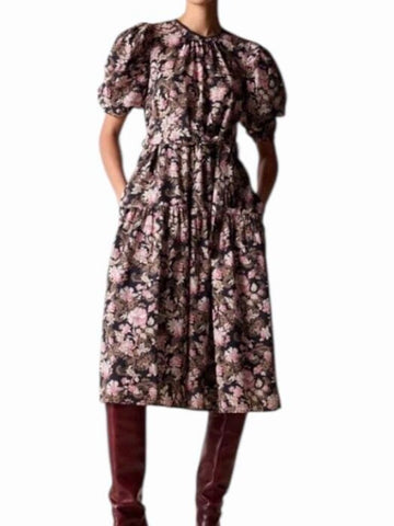 *St. Roche Ciel Cotton Belladonna Floral Short Puff Sleeve Round Neck Tie-Waist Midi Dres, Size XS