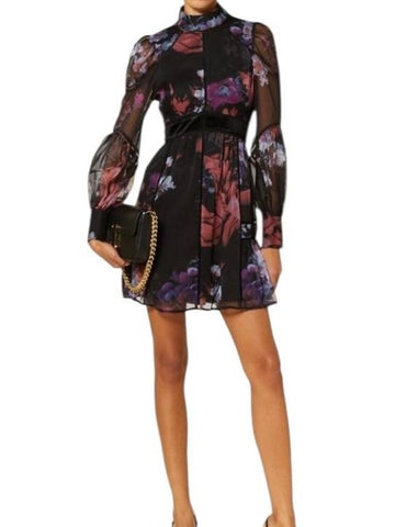 *Ted Baker Gretaah Chiffon Floral Long Sleeve Mock Neck Ladder Inset Trim Mini Dress, Size TB 1=US XS