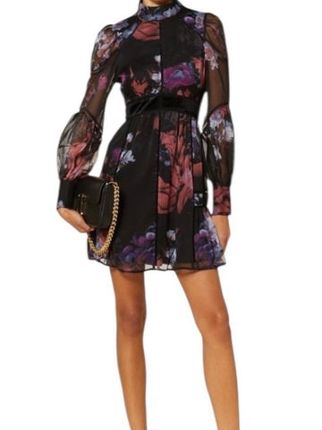 *Ted Baker Gretaah Chiffon Floral Long Sleeve Mock Neck Ladder Inset Trim Mini Dress, Size TB 1=US XS