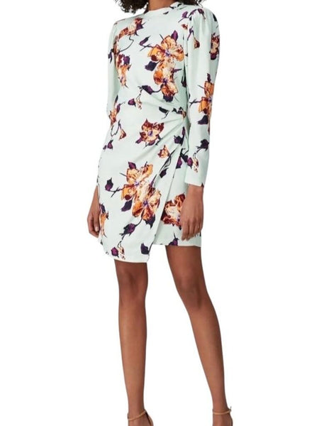*A.L.C. Jane Stretch Crepe Floral Long Puff Sleeve Draped Wrap Skirt Mini Dress, Size 6
